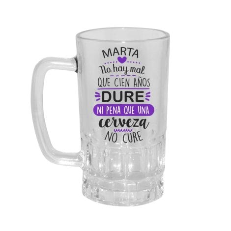 Jarra de cerveza personalizada con nombre grabado: regalo original para cumpleaños, hombre o mujer; mensaje: “No hay mal que cien año dure”.