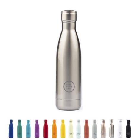 Botella de agua Cool Bottle de 350 ml en color plata metálico y acero inoxidable. Mantiene las bebidas frías durante 36 horas y calientes durante 18 horas. Tecnología Triple-Cool y libre de BPA.