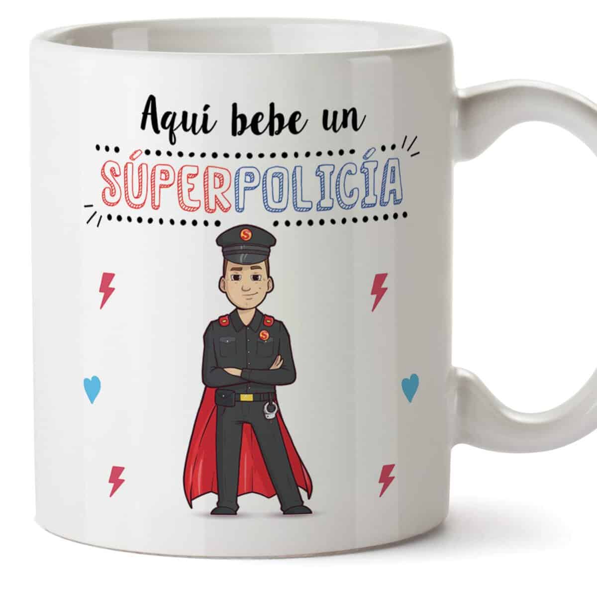 MUGFFINS Policía Tazas Originales de café y Desayuno para Regalar a Trabajadores Profesionales - AQUÍ Bebe UN SÚPER POLICÍA - Cerámica 350 ml