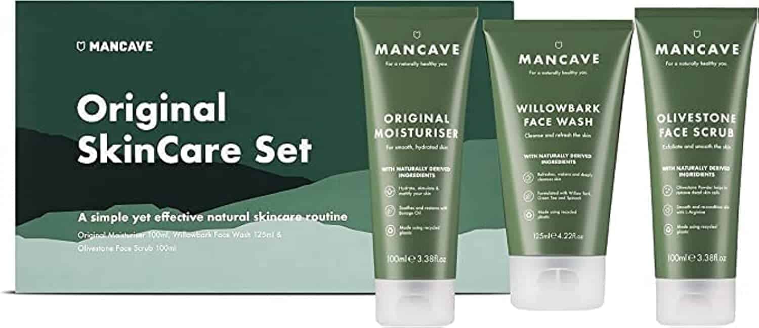 ManCave Set de Regalo Hombre para Cuidado Facial Original  Set de Baño con 3 Esenciales de Cuidado Facial Hombre - Limpiador Facial, Exfoliante Facial y Crema Hidratante Facial Hombre