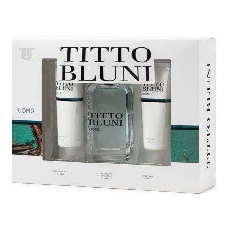 Estuche regalo TITTO BLUNI – Uomo: Perfume 75 ml + After Shave 75 ml + Gel 75 ml. Fragancia fresca, masculina y duradera.