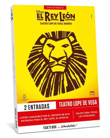 Caja de regalo Tick&Box para disfrutar del Musical El Rey León, con 1 entrada válida para 2 personas durante 2 años. Regalo original para él y ella, ¡emociónate con el espectáculo más impresionante del mundo!