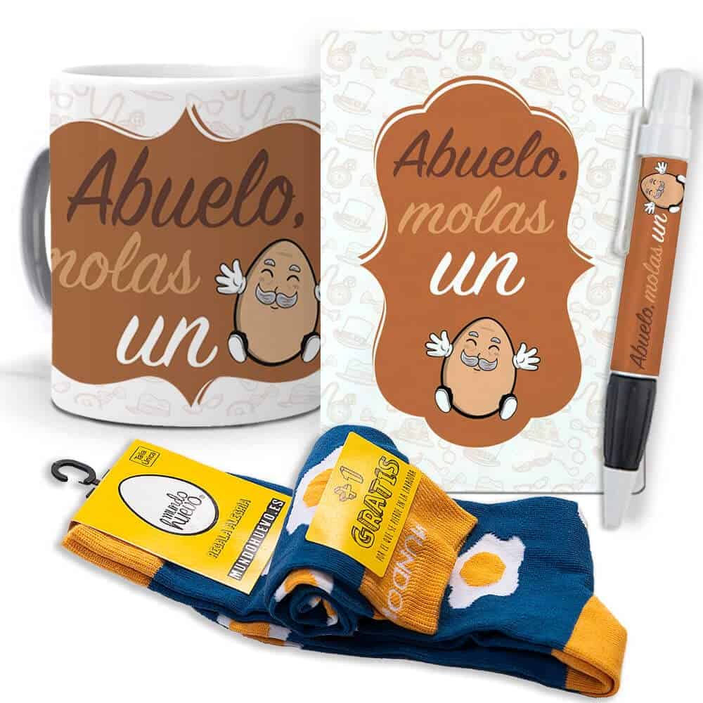 Super Regalo Personalizado para Abuelos. Abuelo molas un Huevo. Taza, libreta, boli y Trio de Calcetines