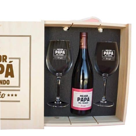 Conjunto personalizable para el mejor padre: Botella de vino + copas + caja de madera.