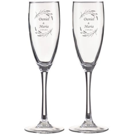 Wanapix | Set de 2 Copas de Cava Personalizadas | Con Texto o Nombre grabado al láser | Ideal para bodas, aniversarios o San Valentín | Capacidad 20cl | Nombres y Fecha incluidos.