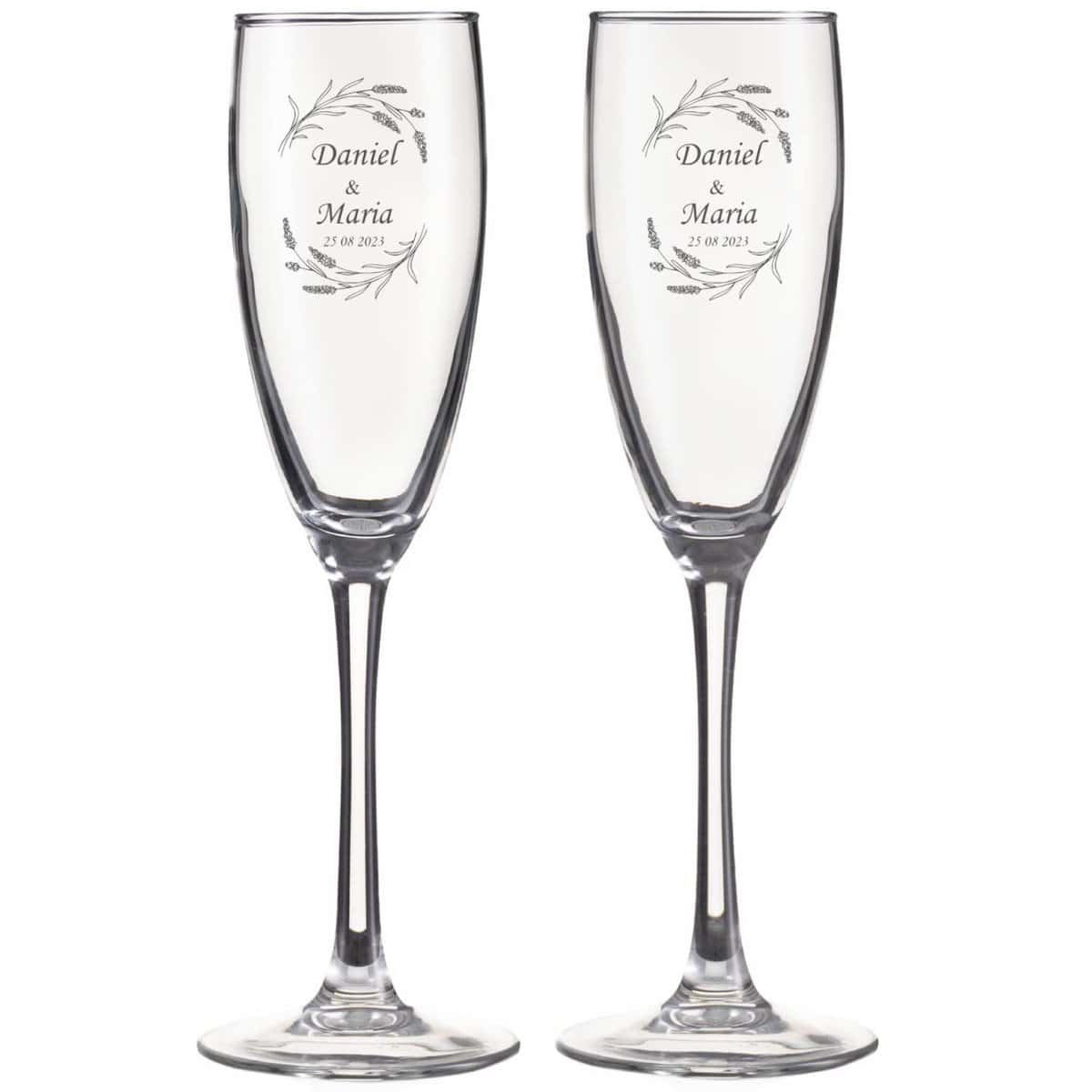 Wanapix | Pack de 2 Copas de Cava Personalizada | Con Nombre o Texto | Copa de Champagne Cristal Grabada a Láser | Boda/Aniversario/San Valentín | 20cl. | Nombres y Fecha