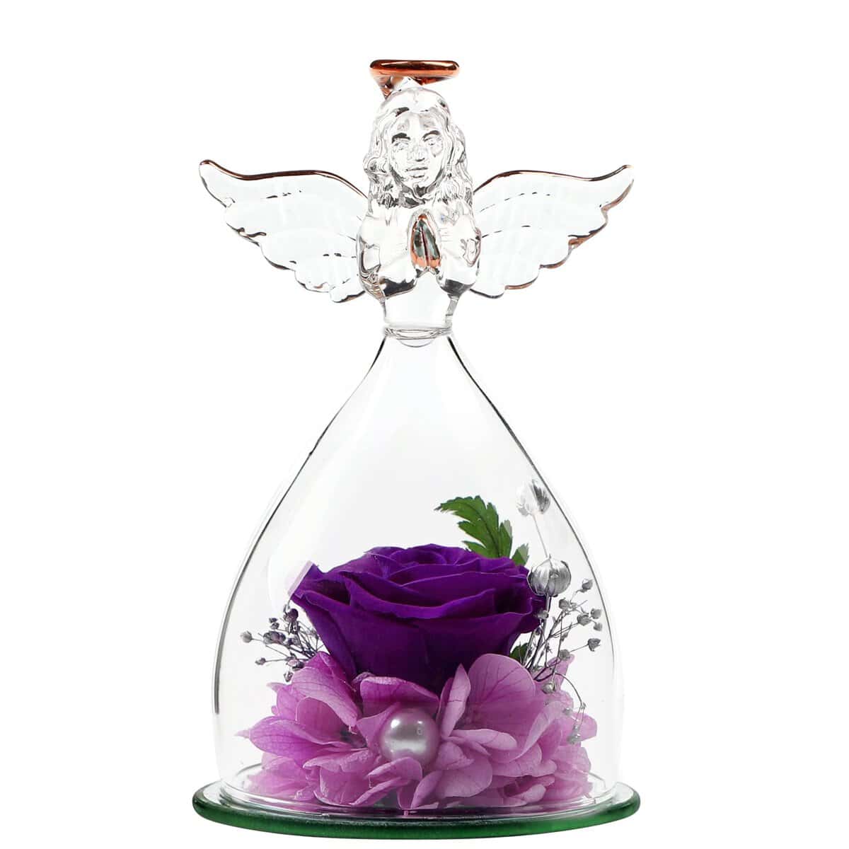 Yeahshion Rosa Eterna con Figura de Angel Hecha a Mano, Rosa Preservada en Cúpula de Cristal, para Madre, Abuela, Decoración, Fiesta, Cumpleaños, Violeta