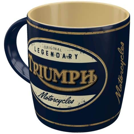 Taza retro de cerámica Triumph, ideal para fans de motos. Diseño vintage y capacidad de 330 ml.