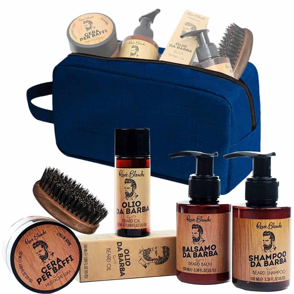 Kit de barba para hombre Renée Blanche - Juego que consta de champú, acondicionador, aceite, cera y cepillo para barba con cerdas de jabalí reforzadas Made In Italy + ALTÉAX® Beauty