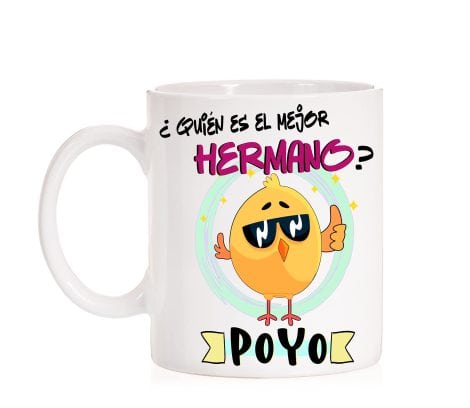 Taza divertida de pollo para regalar a tu hermano, con el mensaje ¿Quién es el mejor hermano? Yo.