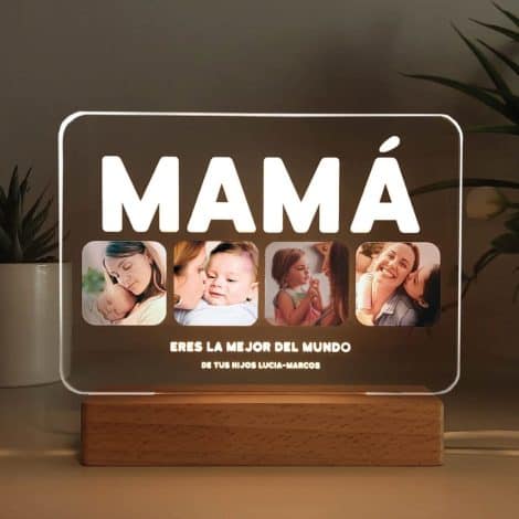 Lámpara Personalizada Transparente para Mamá con Fotos y Frase. Regalo Original para el Día de la Madre o Cumpleaños. Diseño Único en Placa Metacrilato con Luz.