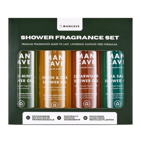 Pack de baño ManCave para hombre con 4 geles de ducha, 500 ml, naturales, veganos y sin sulfatos: menta, limón, roble, cedro y sal marina.