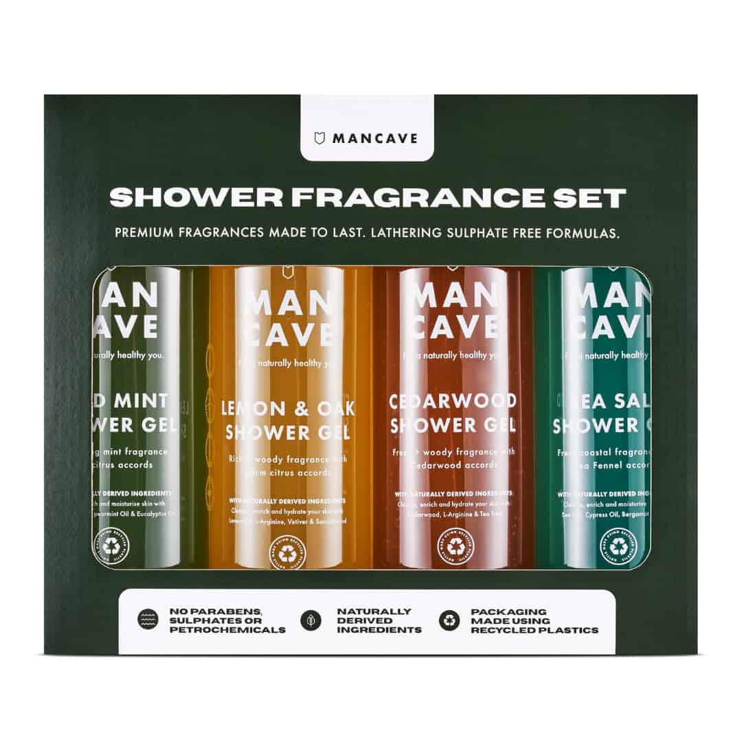 ManCave Set de Regalo Hombre  Set de Baño con 4 Geles de Ducha, 500 ml - Geles de Baño Naturales, Veganos, Sin Sulfatos - Menta Salvaje, Limón y Roble, Cedro y Sal Marina