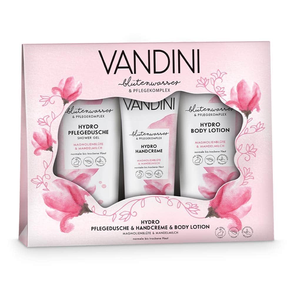 VANDINI Hydro Set de regalo para mujer con loción corporal y gel de ducha - Para pieles normlales a secas - Kit de belleza para el cuerpo