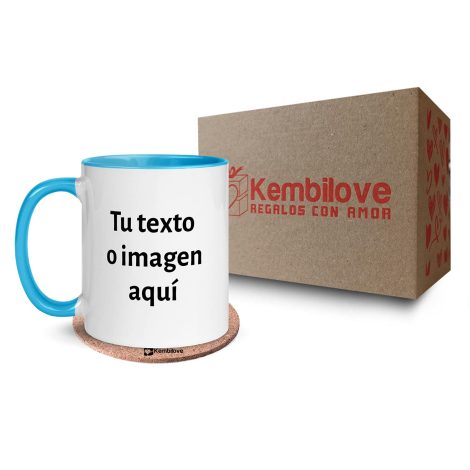 Taza de desayuno personalizada Kembilove con foto y color azul claro en el interior. Regalo original para hombre.