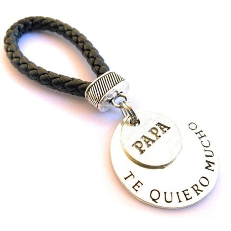 Llavero exclusivo para papá de cuero y abalorios de zamak chapado en plata – Portallaves personalizado con grabado: Papá, te quiero – Regalo ideal para el Día del Padre o su cumpleaños (Negro).