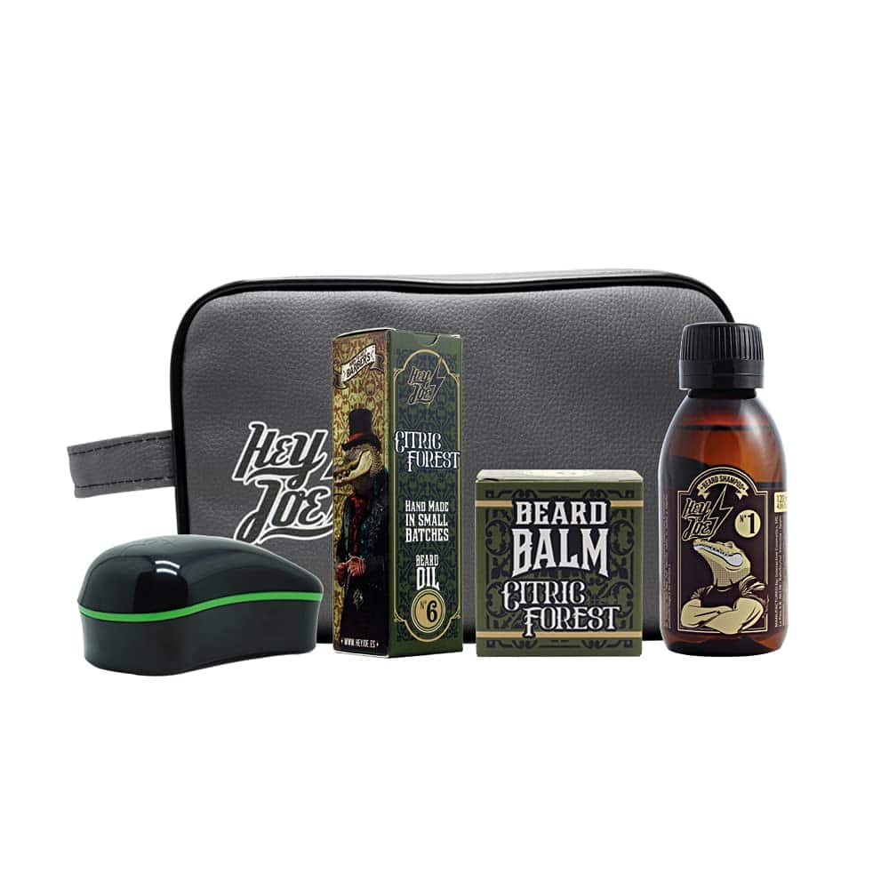 HEY JOE! - Bearded Survival Kit Delux Nº 6 | Kit de Barba para el Cuidado de Hombre - Bálsamo, Aceite, Shampoo, Cepillo y Neceser para Barba Saludable