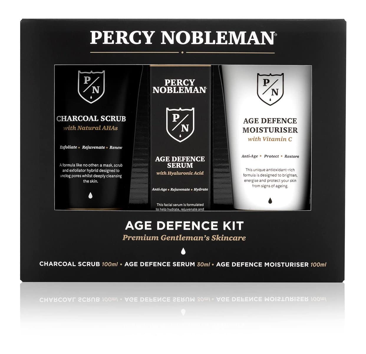 Kit de defensa antiedad de Percy Nobleman, contiene exfoliante facial de carbón (AHA naturales), suero facial antiedad ultrahidratante (ácido hialurónico) y humectante antiedad (vitamina C)