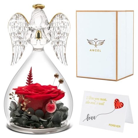 Ángel Rosa Eterna: Regalo eterno de rosas preservadas hechas a mano con figura de ángel. Ideal para San Valentín, Día de la Madre, cumpleaños o aniversario para mujeres, mamá y abuela.