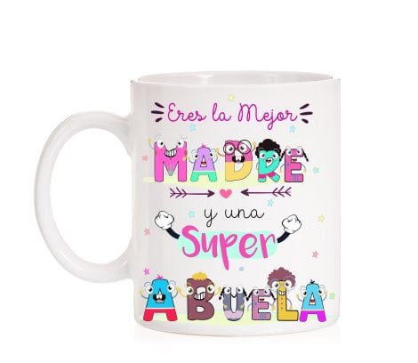 “Taza Divertida para la Mejor Madre y Super Abuela, ideal como regalo para el Día de las Madres o Abuelas. Incluye una caja decorativa.”