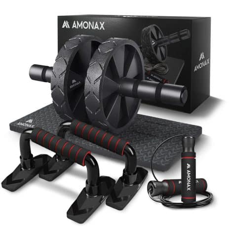 Kit de ejercicios para hacer en casa Amonax (soportes para flexiones, rueda abdominal, cuerda de saltar). Aparatos de fitness para entrenamiento de fuerza, musculación y calistenia.