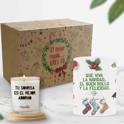 Pack de regalo Feliz Navidad – Taza navideña + Vela aromática – Idea original regalo navideño con caja decorada y mensaje navideño.