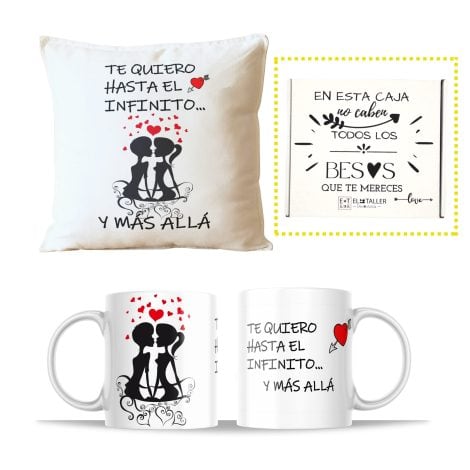 San Valentín. Cojín y taza para regalar a tu pareja en su aniversario. Regalo romántico y original para él o ella.