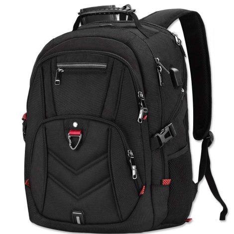 Mochila negra impermeable de viaje y negocio con puerto USB para portátil de 17.3 pulgadas.