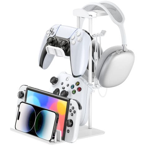 Soporte gaming para cascos, mando y auriculares con barra de aluminio. Práctico y universal (Blanco).