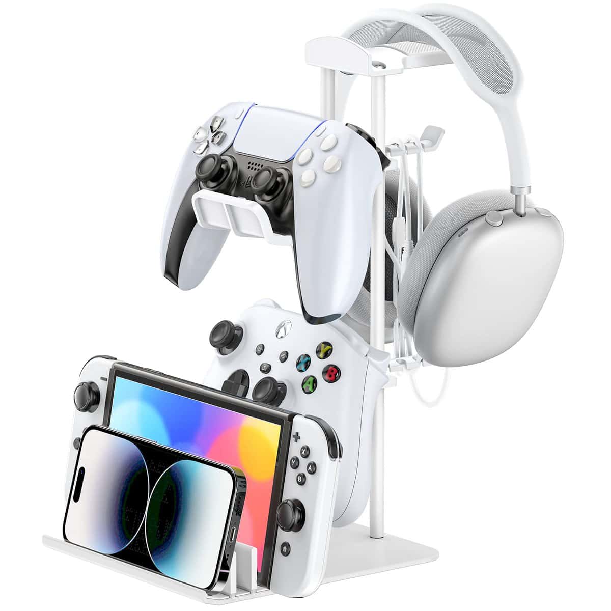 KDD Soporte Cascos Gaming, Soporte Mando y Porta Auriculares Mesa, Soporte Auriculares con Barra de Soporte de Aluminio, Headphone Stand Universal para Headset Mando Switch iPad Teléfono Móvil(Blanco)