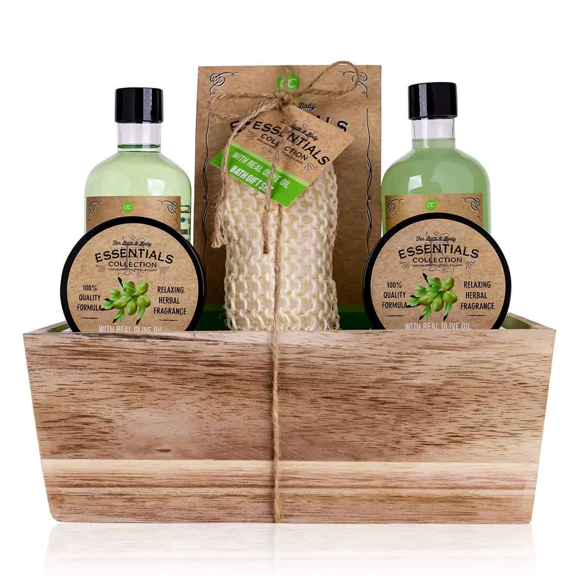 Accentra - set de ducha set de regalo para mujer OLIVE en una cesta de madera - set de cuidado de 6 piezas con gel de ducha, baño de burbujas, sales de baño, loción corporal y más, bienestar