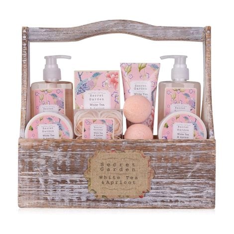 Accentra – set de ducha en cesta de madera con 8 productos de cuidado corporal, regalo ideal para celebraciones.