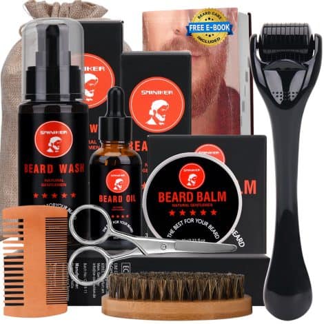 Set de productos para el cuidado y mantenimiento de la barba, ideal como regalo para hombres.