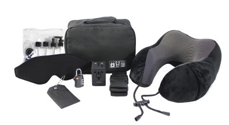 Kit de Accesorios de Viaje S&G, con Neceser, Almohada Cervical, Adaptador Universal, Botellas, Antifaz, Candado, Etiqueta y Correa.