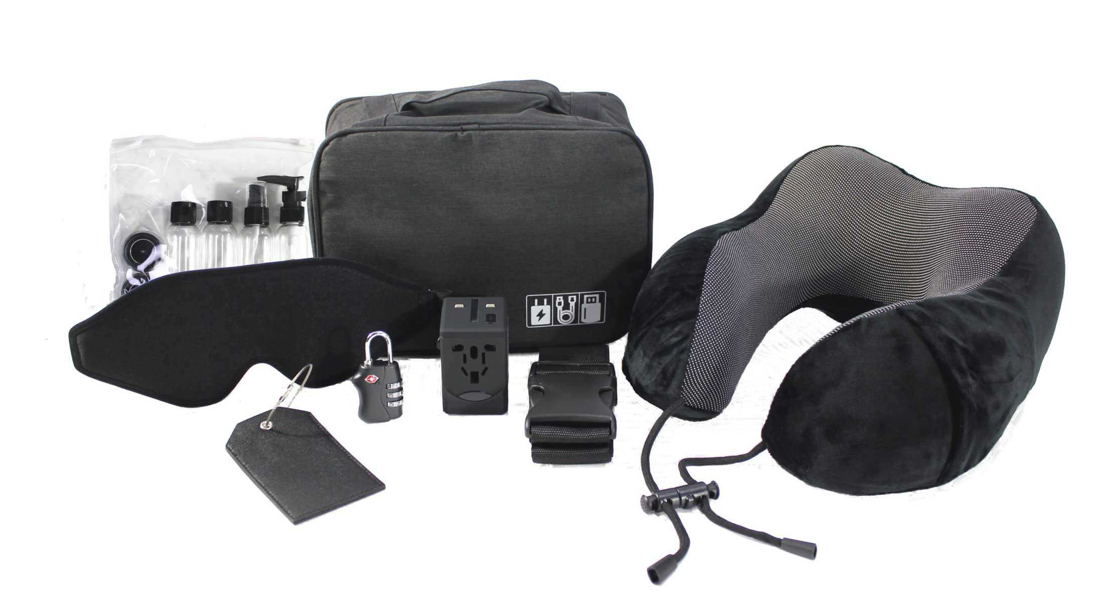 S&G ACCESSORIES Kit de Viaje, Incluye Neceser, Almohada para el Cuello, Adaptador de Enchufe Universal, Neceser Transparente con 6 Botellas de Viaje, Antifaz, Candado, Etiqueta de Equipaje y Correa de Equipaje