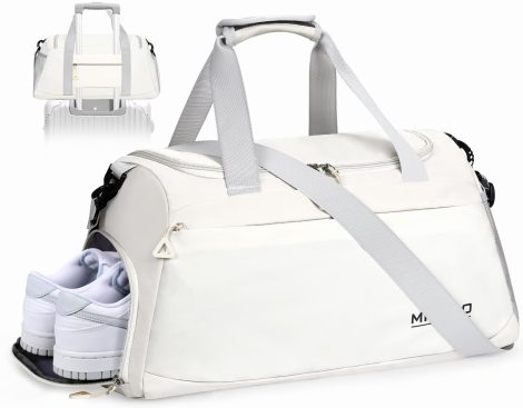 Bolso Deportivo Enloffi Gran Capacidad, Resistente al Agua, con Espacio para Zapatos y Bolsillo Húmedo. Ideal para Nadar y Fin de Semana, en Color Blanco.