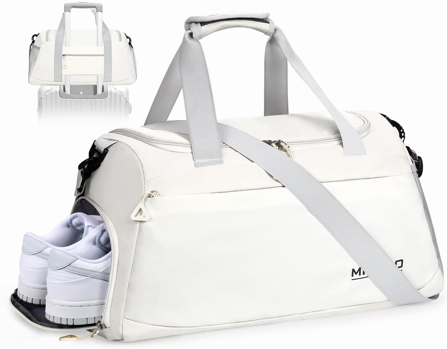 Enloffi Bolsa Deporte Gran Capacidad Bolsa de Viaje Impermeable Bolsa Deportiva con Compartimento Zapatos y Bolsillo Húmedo Bolso de Deporte Hombres Mujeres para Nadar Fin de Semana, Blanco