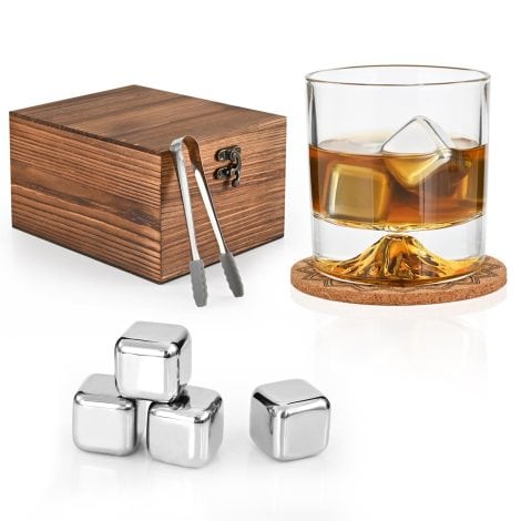 Juego de piedras de whisky EooCoo con vaso. Regalo original para hombres, accesorios de whisky. Pack de Navidad personalizado: 4 cubitos de hielo reutilizables, vaso, posavasos, caja de madera.