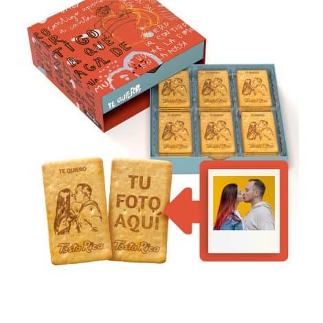 Mi TostaRica – 60 galletas personalizadas con foto, frase y dedicatoria. Estuche con diseño creativo. Caja del amor.