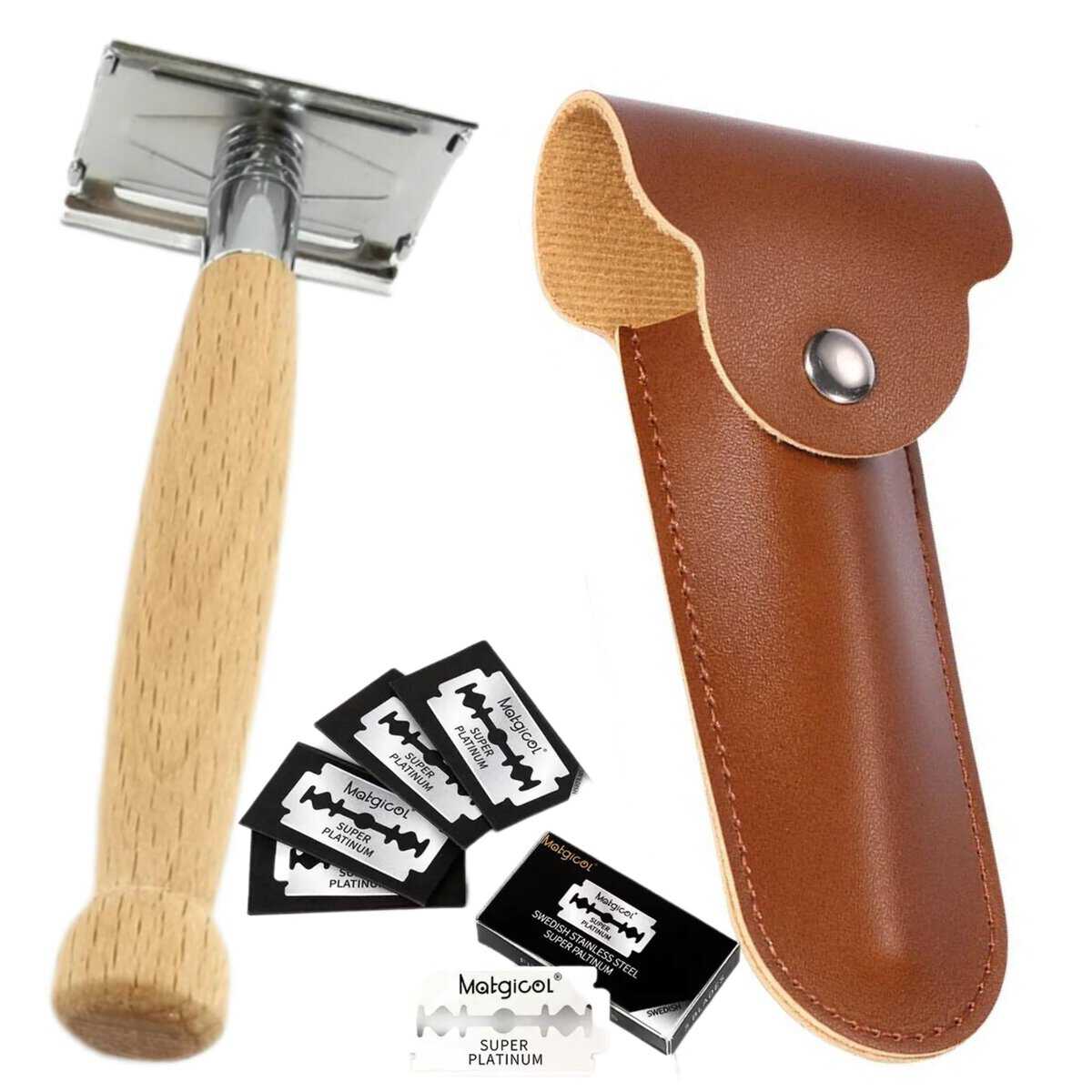 Maquinilla de afeitar manual cuchilla doble filo con mango de bamboo 5 ojas de recambio estuche de viaje en cuero PU impermeable, ideal para afeitar o perfilar la barba