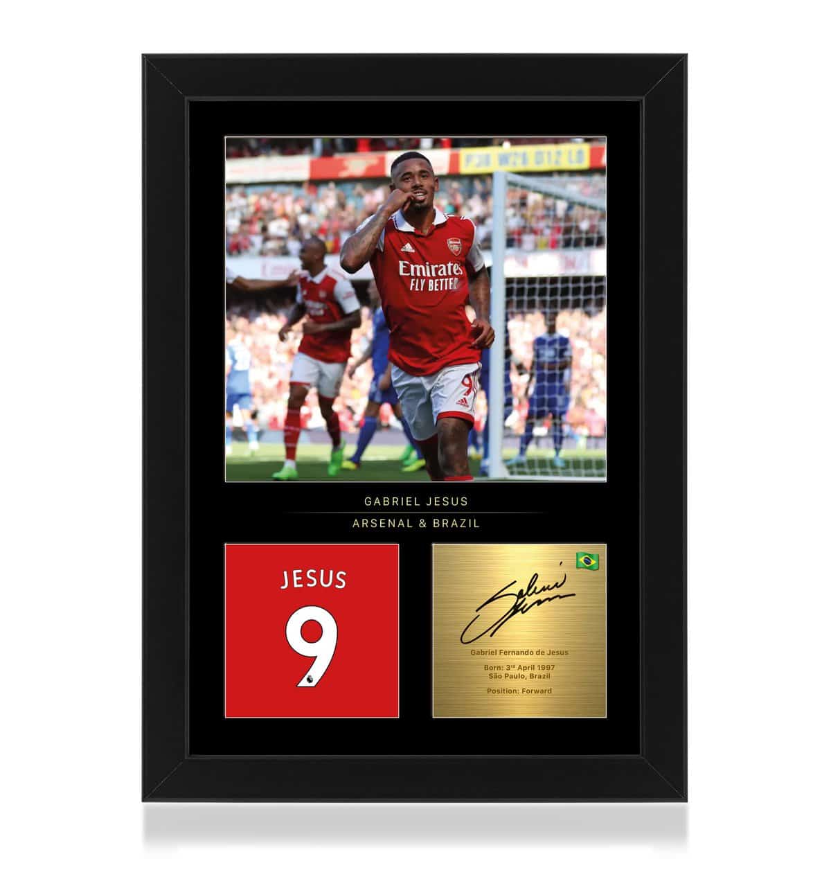 Fotografía enmarcada A4 firmada por Gabriel Jesús, firma digital reproducida, regalo para los fanáticos del Arsenal