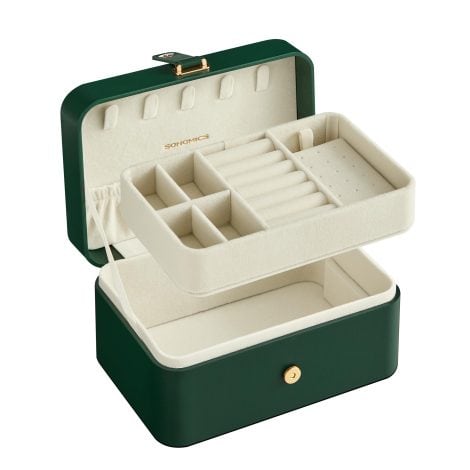 Caja para joyas de viaje SONGMICS, pequeña y portátil, con 2 niveles, ideal para accesorios grandes. Regalo en verde bosque.