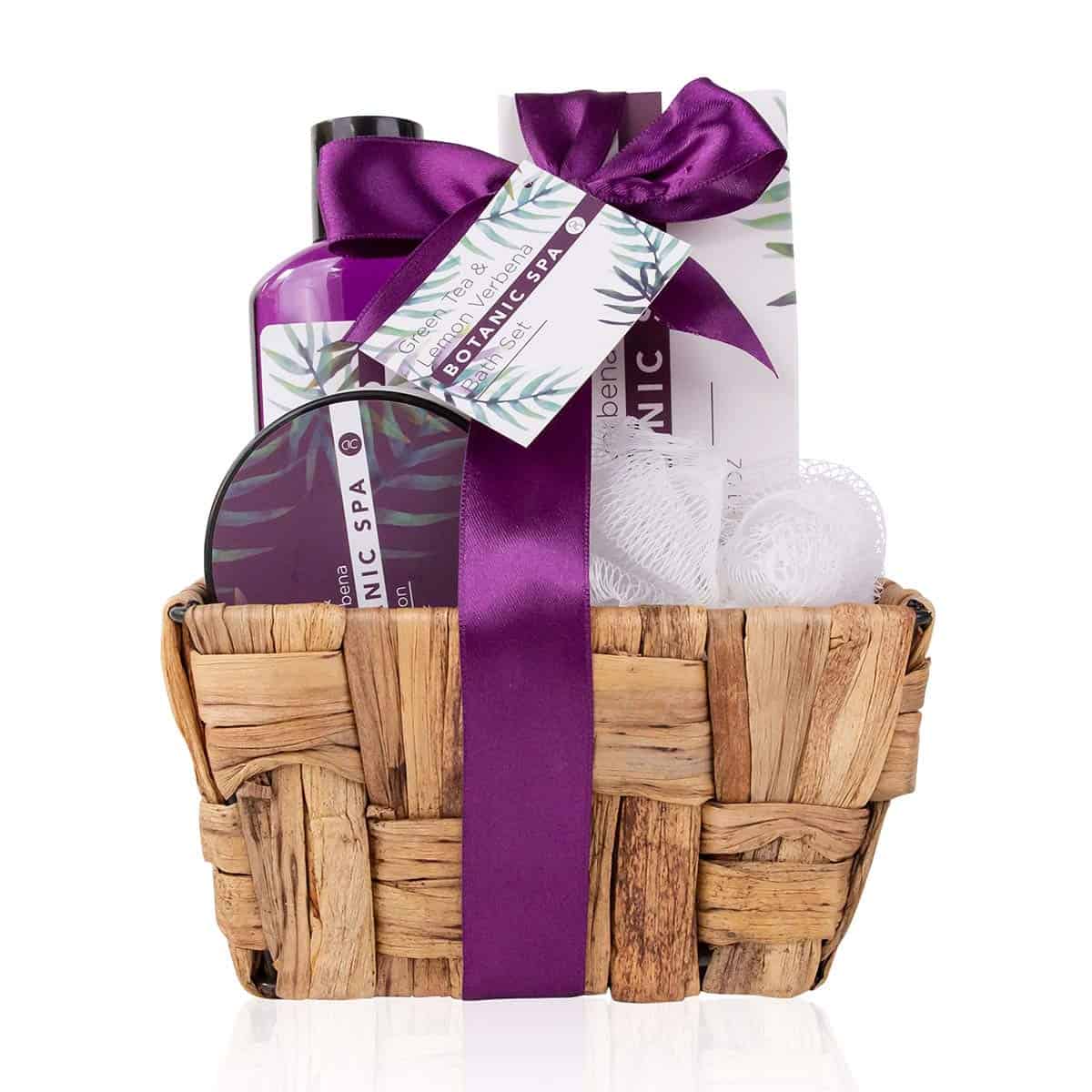 Accentra - Set de baño Botanic SPA para mujer en una cesta de hierba marina - Set de cuidado de 4 piezas con gel de ducha, sal de baño, loción corporal y esponja de red - Set de regalo Wellness