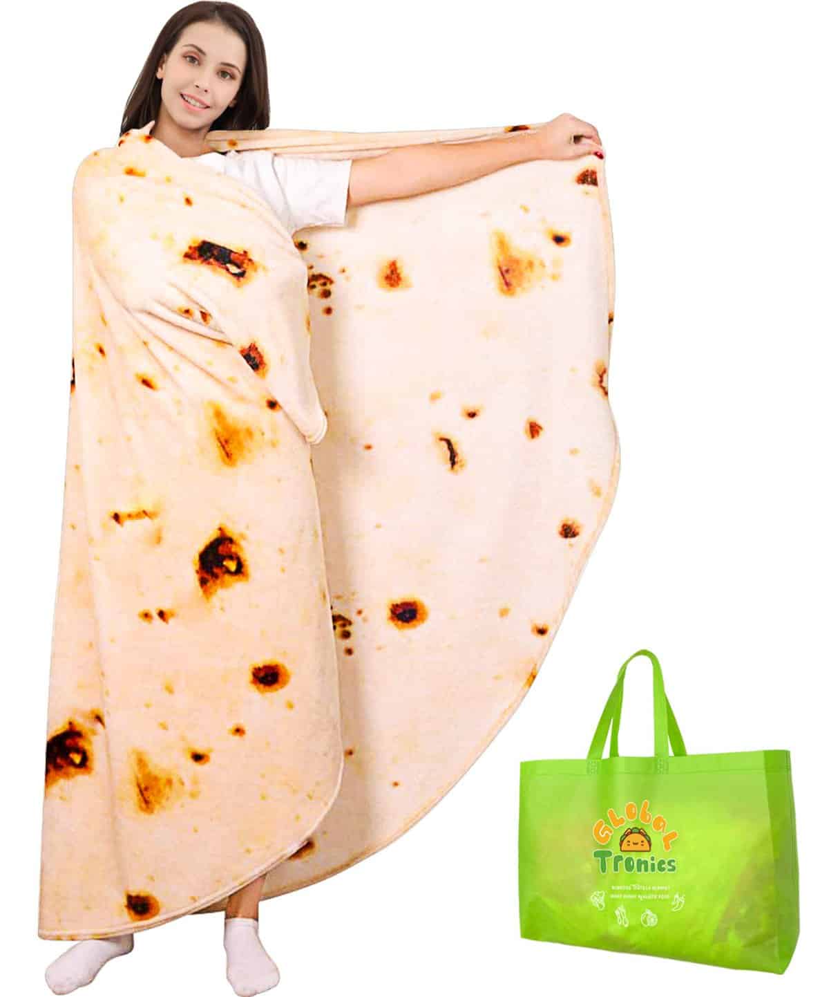 Global Tronics Manta Burrito Tortilla 180cm Doble Cara, Redonda de Novedad Gigante Taco Cobija Franela Suave y Acogedora Comida Realista Toalla de Felpa para Niños Adultos Familia