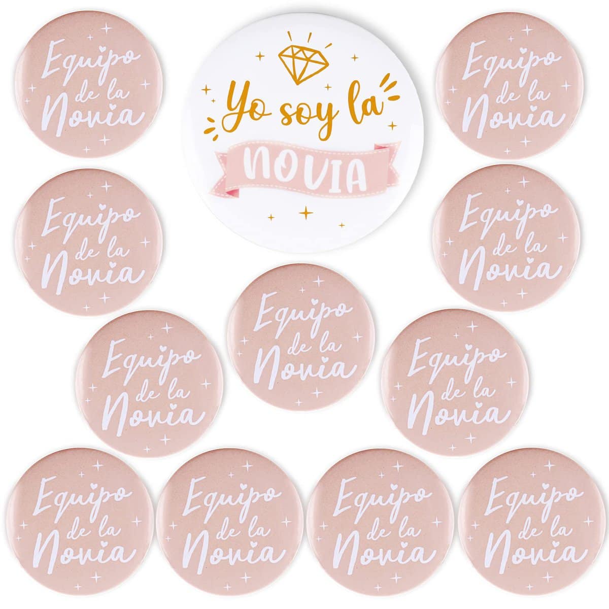 GEBETTER 12Pcs Chapas Alfileres Despedida Soltera Accesorio, 1* Novia 7,5 CM + 11* Equipo Novia 5,8 CM, Regalo Recuerdo Complementos Fiesta Despedida Soltera Boda Damas Honor Amigas Familia Invitados