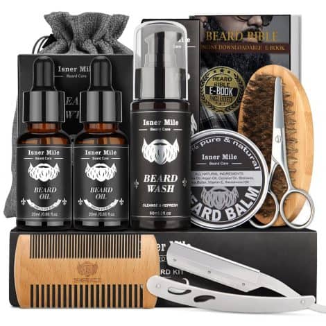 Kit de Cuidado y Afeitado para Hombres, cómodo y completo. Incluye aceite, champú, bálsamo, cepillo, peine, tijeras y regalos para papá.