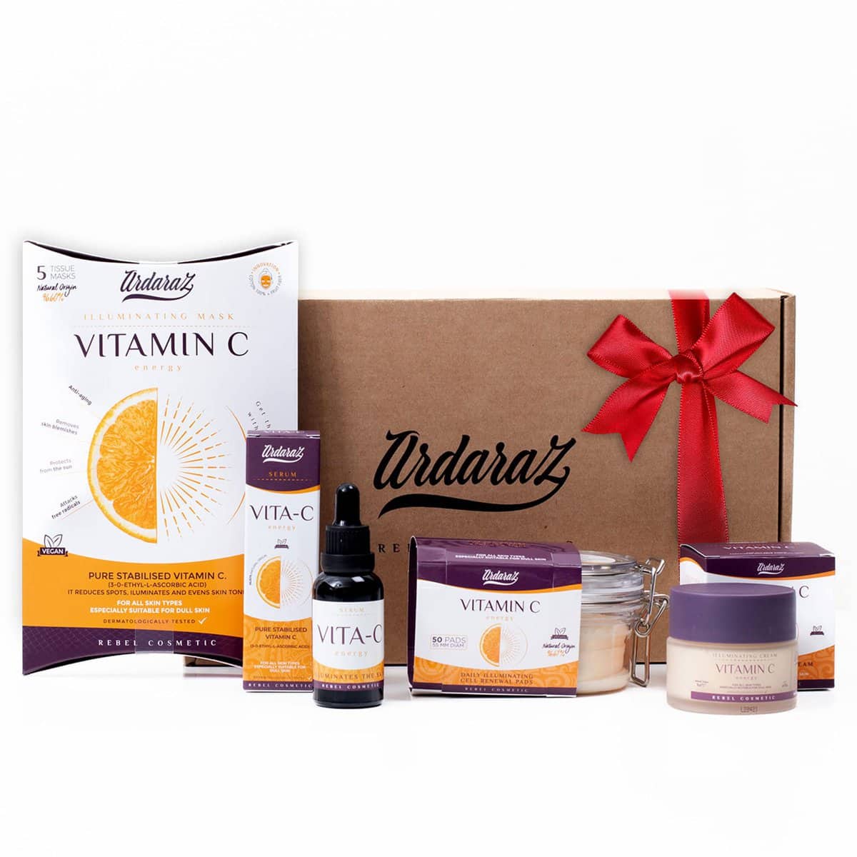 Skincare kit Antimanchas Iluminador con Vitamina C y Acido Hialuronico. Pack regalo mujer con Discos Exfoliantes, Serum, Crema, 5 Mascarillas