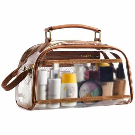 Neceser de viaje colgante unisex de piel sintética, organizador de maquillaje para el equipaje, color beige y marrón.