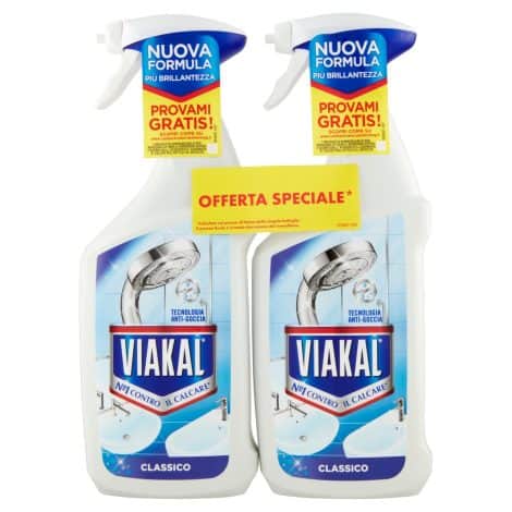 Viakal – Producto antical clásico para baño en spray, 2 botellas de 670 ml, previene goteos, elimina el 100% de la cal, combate olores, práctico formato.