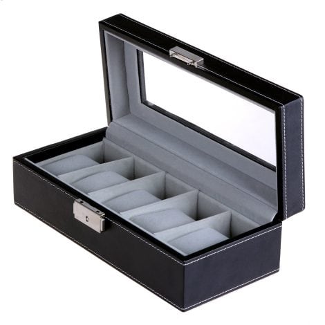 Caja SONGMICS para 5 relojes con espejo, organizador de joyas, ideal para el Día del Padre JWB05B, en negro.